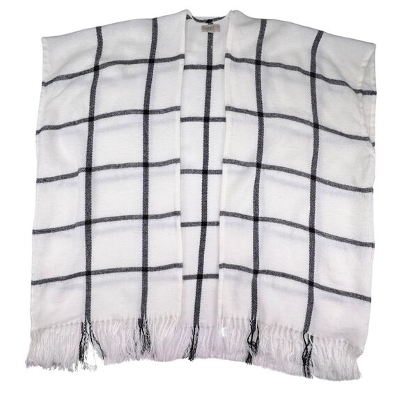 The Loft Shawl One Size Grid Pattern Plaid Soft Knit Open Front Boho Fringe Wrap - Picture 1 of 8